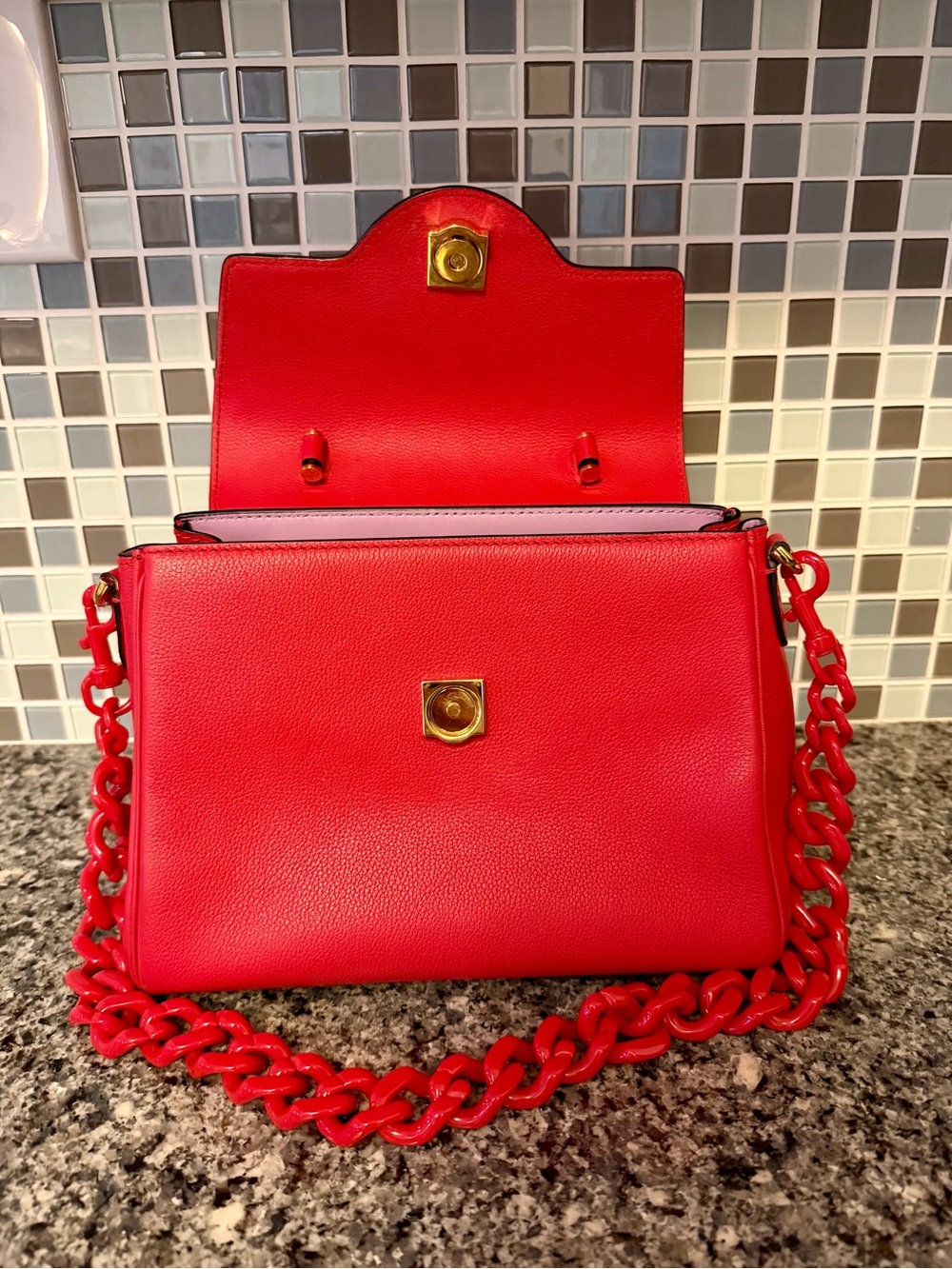 Versace Bright Red Leather Top-Handle Satchel with Chain Strap - Picture 5 of 11